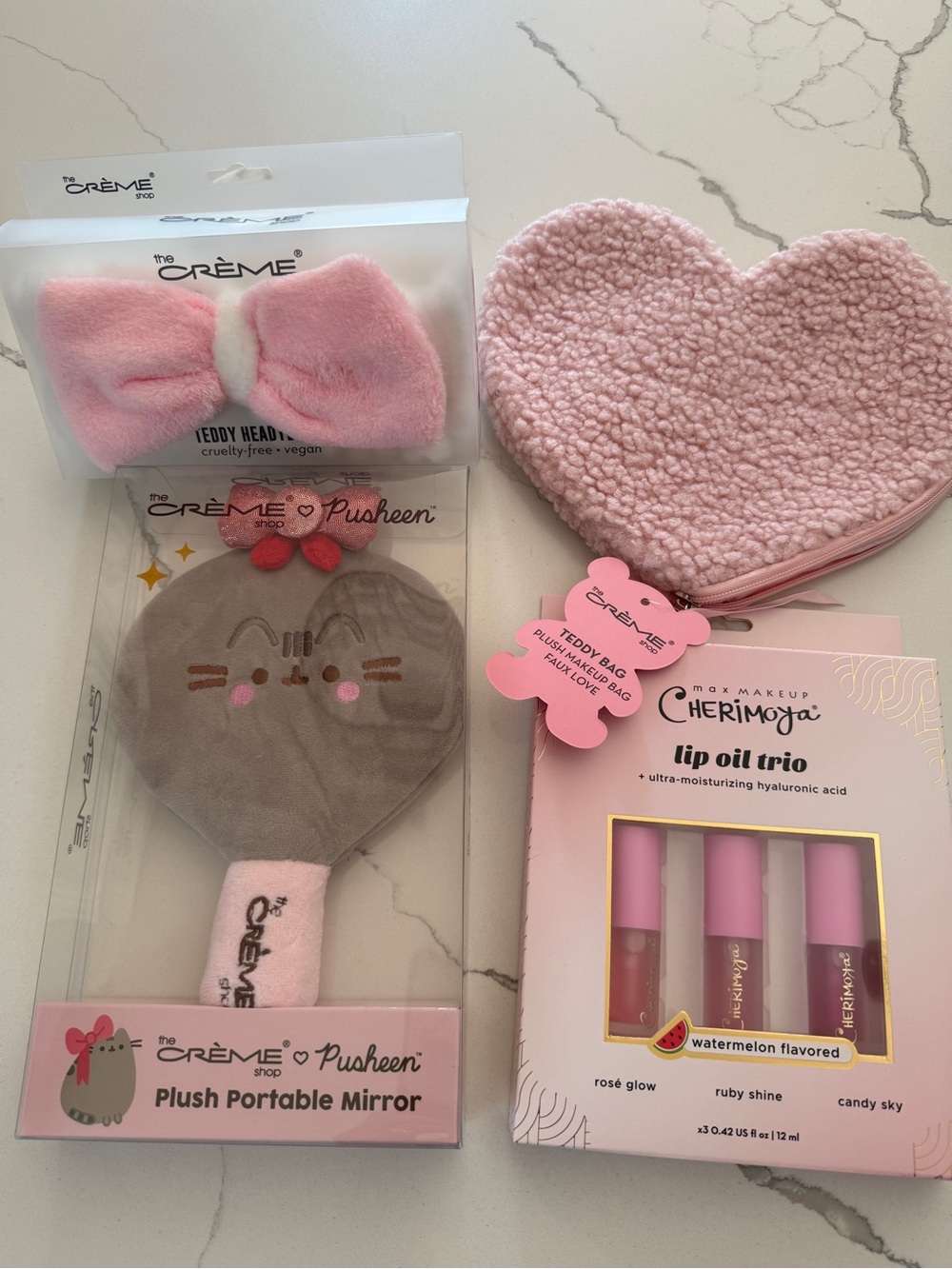 Pusheen Pink Plush Portable Mirror, Headband, Crème Teddy Bear Makeup Bag Bundle